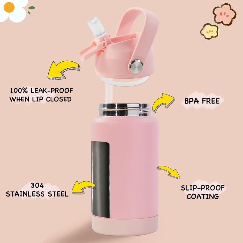 Kerilyn 12oz Kids Water Bottle 2 Pack, Stainless Steel Insulated Water Bottle Bulk, Toddler Cups with Straws Leak-Proof, Kids Water Bottles for School Boys Girls, BPA Free, Pink+Green 2 Piece Set - Image 2